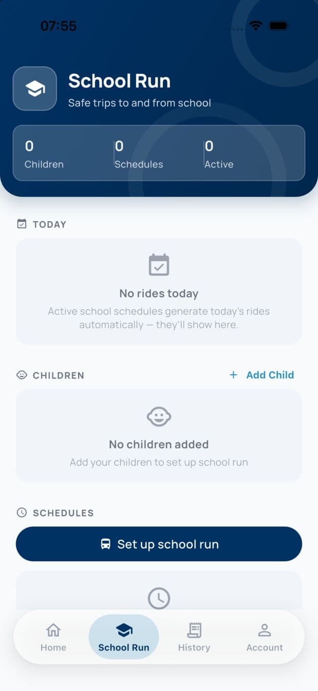 The School Run screen: children, schedules and today’s rides
